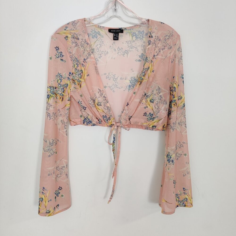 New Look Women's Bolero Cardigan Size 8 Sheer Pink Floral Tie Front Party Chic